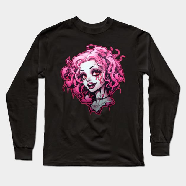 Pink Goth Girl Clown Cyberpunk Synthwave Long Sleeve T-Shirt by Nightarcade